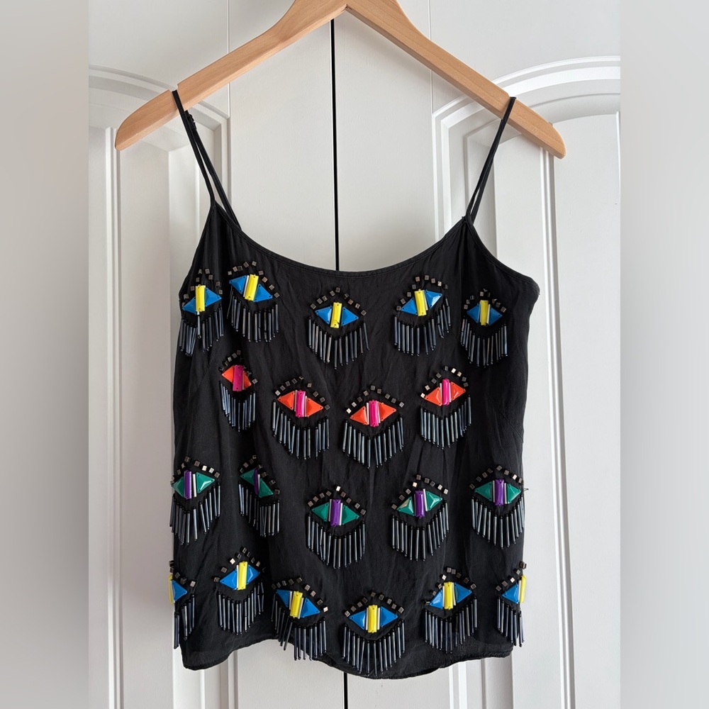 Milly Evil Eye Beaded Cropped Tank Top 100% Silk Black Women's Size 4